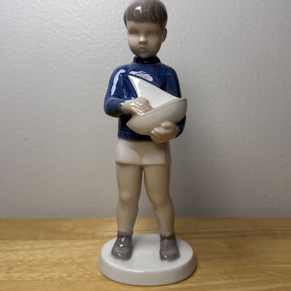 B & G Bing & Grondahl Boy Holding Sailboat Boat #2380  Denmark Skipper 7”